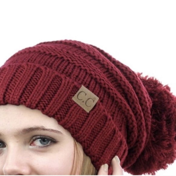NWOT - C.C Burgundy Slouchy Knitted Winter Beanie/Hat w/ Pom Pom - Picture 3 of 7
